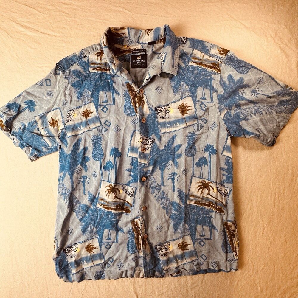 Caribbean Joe 100% Washable Silk Men’s Sz X-Large XL Blue Hawaiian Shirt